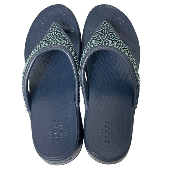 NWOT Crocs Monterey Diamante Blue Embellished Wedge Thong Sandals Size 11 - Picture 10 of 14